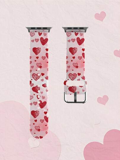 Ombre Red & Pink Handpainted Heart Silicone Watch Band Compatible With Apple Watch 38mm 40mm 41mm 42mm 44mm 45mm 49mm, Fits Series Ultra/SE/11/10/9/8/7/6/5/4/3/2/1