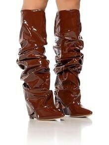 Women's Slouched Ruched Fold Over Boots - Patent Leather Covered Wedge Heel Wide Calf Pointed Toe Knee High Casual Boots - Brown - View 5