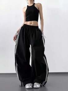 时尚轻薄夏季长裤，2025秋季新款蕾丝边宽松街舞高腰阔腿裤 - 黑色 - 查看 1