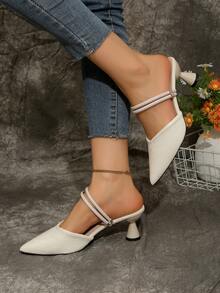 Sandalias de tacón alto tipo mula a cuadros en beige, de moda y versátiles, con punta puntiaguda, aptas para primavera y verano - Beis - Ver 5