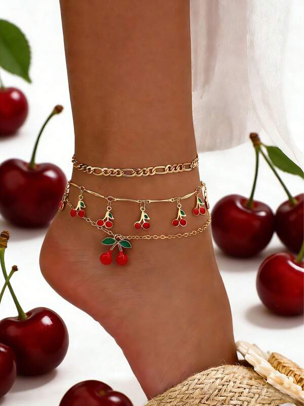 3Pcs/Set Fashion Cute Cherry Tassel Anklet For Women,Sweet Foot Jewelry Suitable For Daily Wear, Beach Party Jewelry Gifts