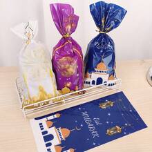 100 Pcs Standard Size Transparent Durable Cellophane Eid Mubarak Gift Bags With Twist Ties, Traditional Muslim Ramadan Style Castle Moon Pattern Green And Blue Design Multipurpose Cello Bags, Perfect For Candy Packaging, Festival Treat Storage, Eid Party Favors And Muslim Holiday Gift Wrapping Supplies - Multicolor - View 5
