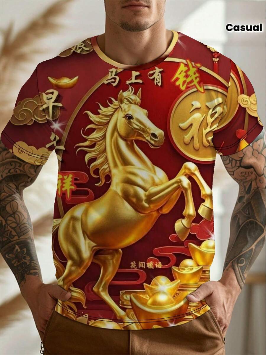 Men's 2024 Lunar New Year Horse & T-Shirt - Traditional Chinese Red & Golden Auspicious Symbols, 3D All-Over Print Short Sleeve Round Neck Top For Chinese New Year Celebration Outfit, Cultural Festival Attire, H-Type Casual Fit - 彩色 - 查看 1
