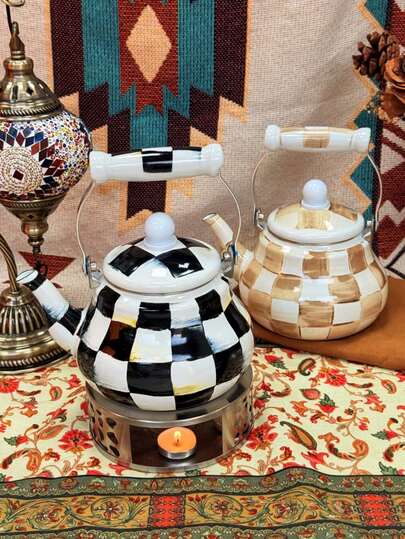 1pc 1.5L Retro Black & White Plaid Enamel Teapot, Classic Color Enamel Kettle, Tilted Spout Universal Water Pot, Gift Teapot, Fireplace Tea Brewing Enamel Teapot, Suitable For Gatherings, Parties, Gifts, Restaurants