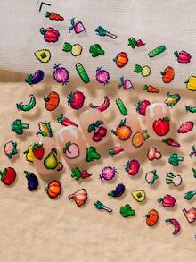 一款日式像素风美甲贴纸，采用浮雕纹理，色彩鲜艳，图案精致，包含草莓、牛油果、辣椒、西兰花等各种水果蔬菜图案，适合个人DIY和美甲沙龙使用。 - 彩色 - 查看 5