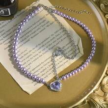 Purple Heart Necklace Pearl Double Layer Clavicle Chain Elegant Heart Pendant Short Style - Purple Heart Necklace - View 9