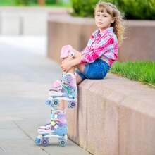 NewNEMONE Mermaid 4 Size Adjustable Light Up Roller Skates For Girls, Purple Blue Skates For Toddlers, Beginner Kids Butterfly Roller Skates Indoor OutdoorSeasonal Gifts - F-幼兒滑冰鞋 - 綠色粉紅色 - 查看 9