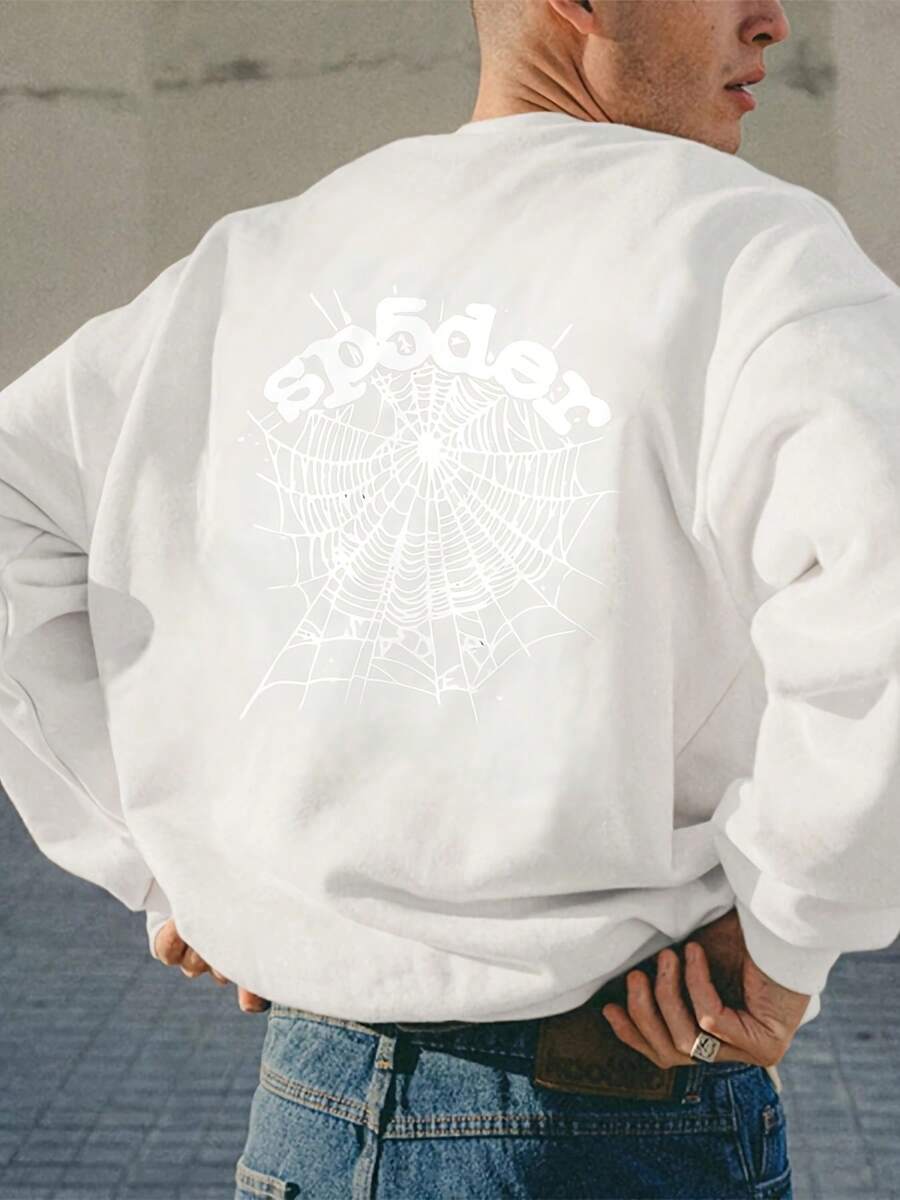 Men's Black Crew Neck Sweatshirt With Spiderweb Design And 'spiders' Text - Tattoo - Black Wristwatch - Beige Pants, Dark Horizontal - Lined Background, Casual Streetwear Pullover Classic Men's Crew Neck Sweatshirt Soft Comfortable Daily Wear - 白色 - 查看 1