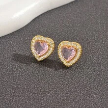 transfronterizas, pendientes de corazón cálidos de otoño e invierno, pendientes de corazón multicolor con zirconia y pequeños diamantes incrustados para mujeres - Diamante rosa - Ver 13