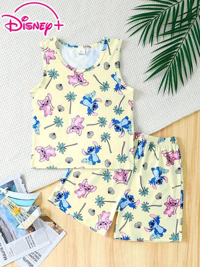 Disney Stitch Print Tween Boys' Casual Comfortable Fabric Round Neck Sleeveless Elastic Waist Shorts Set, Children's Comfortable Daily Wear, Suitable For Home