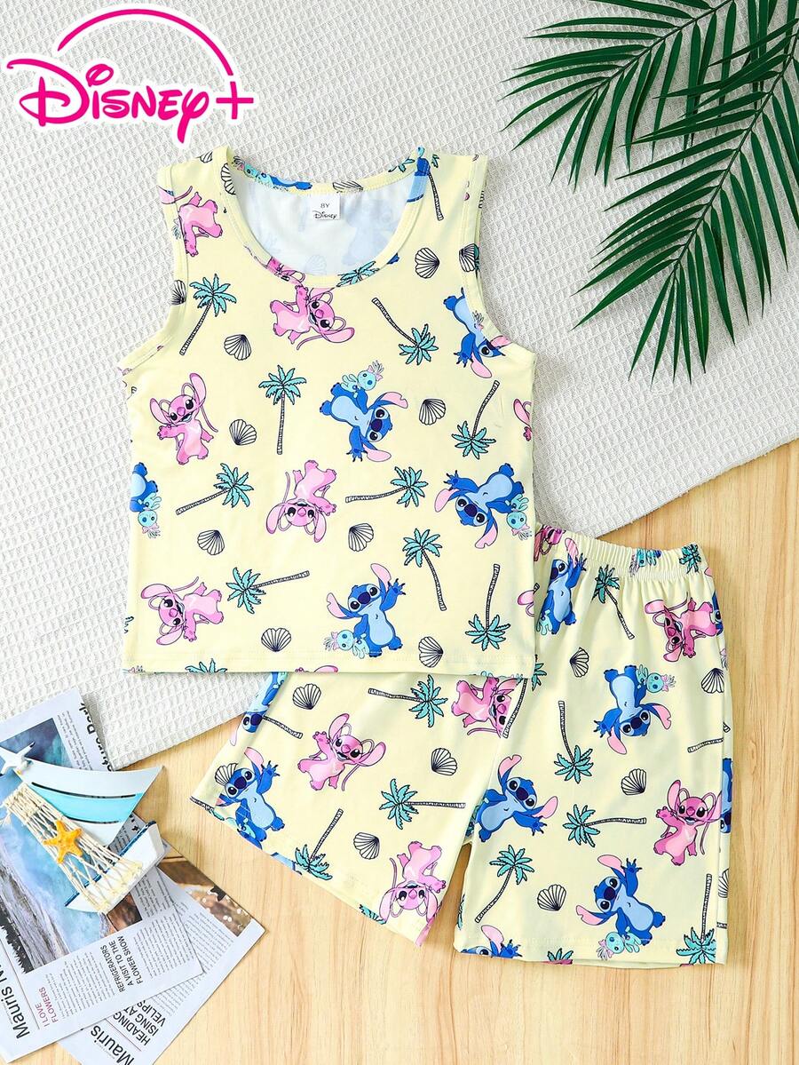 Disney 童装印花休闲舒适面料圆领无袖弹力腰短裤套装，儿童舒适日常穿着，适合居家穿着 - 黃色 - 查看 1