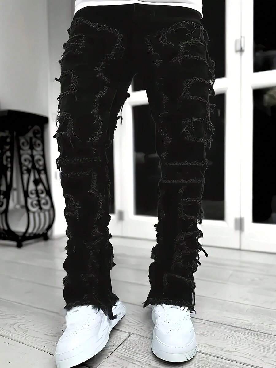 Men's Slim Fit And Slimming Creative Tassel Decoration Straight Jeans, Men's Casual Stretch Street Style Hip-Hop Skateboard Rap Jeans All Seasons - 黑色 - 查看 1