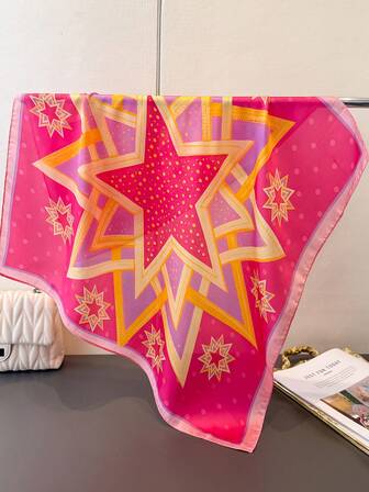 1pc Retro Geometric Pentagram Print 68cm Women Headband Handbag Scarf Headscarf, Suitable For Beach, Street, Daily, Vacation, Business, Fashion Decorative Ribbon