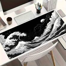 Japanischer schwarzer Wellen-Mauspad Sonnenlandschaft Schreibtischunterlage Extragroßes Mauspad 90x40 cm Büro Tastaturunterlage mit rutschfester Gummibasis und umsäumtem Rand, Büro-Zubehör für Zuhause, Weihnachtsgeschenke für Frauen, Männer