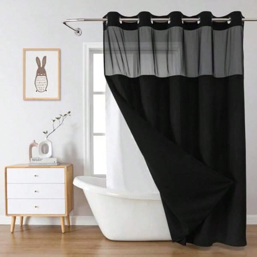 XISH Cortina de Baño sin Gancho con Forro a Presión 183x190cm Cortina de Ducha Tipo Gofre Cortina Regadera Antimoho y Impermeable Duradero Fácil de Instalar para Hogar Hotel Ducha - negro - Ver 1