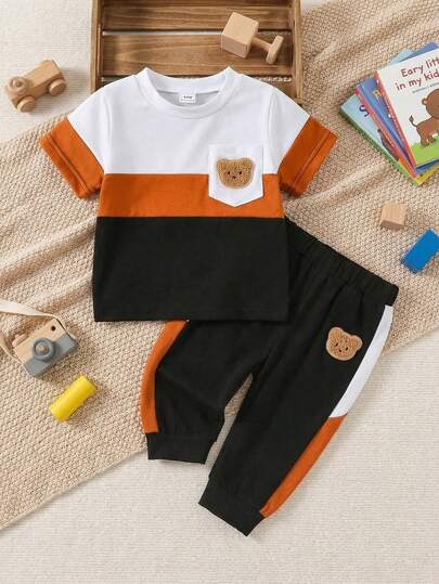 两件套休闲时尚男婴套装，撞色口袋小熊装饰短袖上衣搭配拼接长裤，舒适夏季款