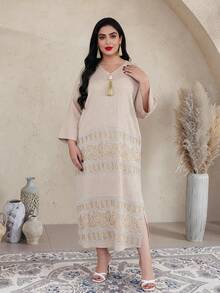 Elegant Embroidered Beaded Gold Arabic Dress JALABIA With Tassel V-Neck Slit Hem Mid-Length Sleeve, Graceful 2026 New Style Ramadan Traditional - Apricot - View 8