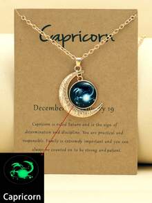 1pc Retro Luminous 12 Zodiac Constellation Necklace With Moon Pendant, Zodiac Card Necklace Gift For Party/Birthday - Yellow Gold - View 19