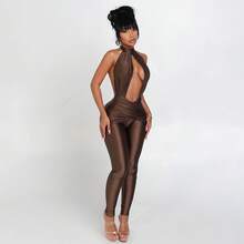 J25JP339 Women's New Sexy Button Halter Hollow Out Backless Tight High-Waisted Jumpsuit - 深紅色 - 查看 9