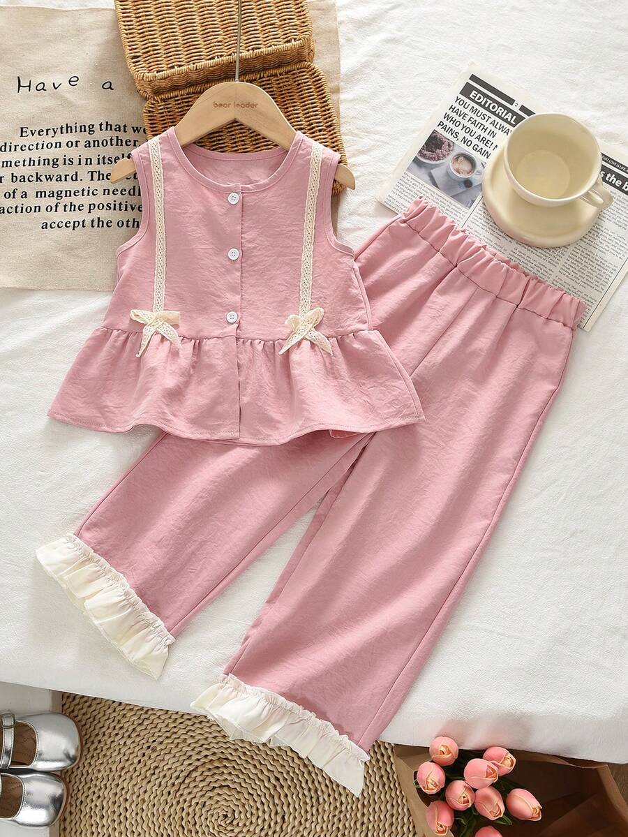 bearleader 2pcs/Set Girls' Summer Lace Bow Sleeveless Top And Pink Sweet Long Pants Casual Outfit - Pink - View 1