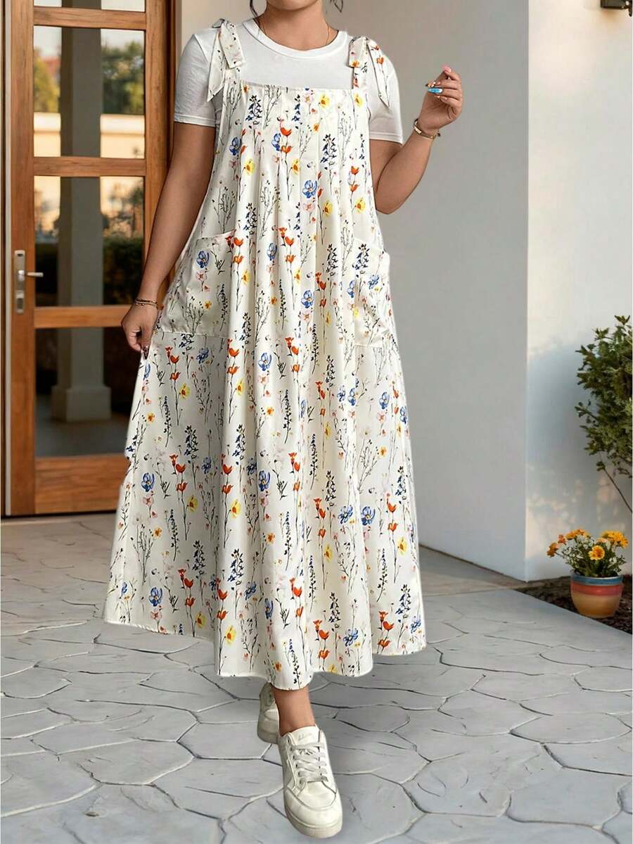 Women's Plus Size Overall Dress Tie Up Straps Floral Print Loose A-Line Suspender Dress Casual Cute Bib Dress - 白色 - 查看 1