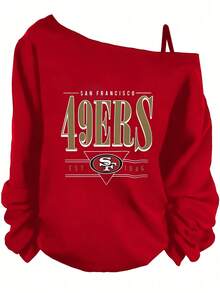 Valentine's Day, San Francisco 49ERS Graphic Off Shoulder Long Sleeve Sweatshirt,  Casual Style, Party Outfit, Everyday Wear, Essentials Hoodie - Đỏ - Xem 7