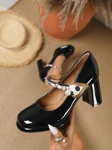 2.5" Platform Chunky Heel Mary Jane Pumps, Round Toe, Solid Color, New 2025 Collection - Black - View 2
