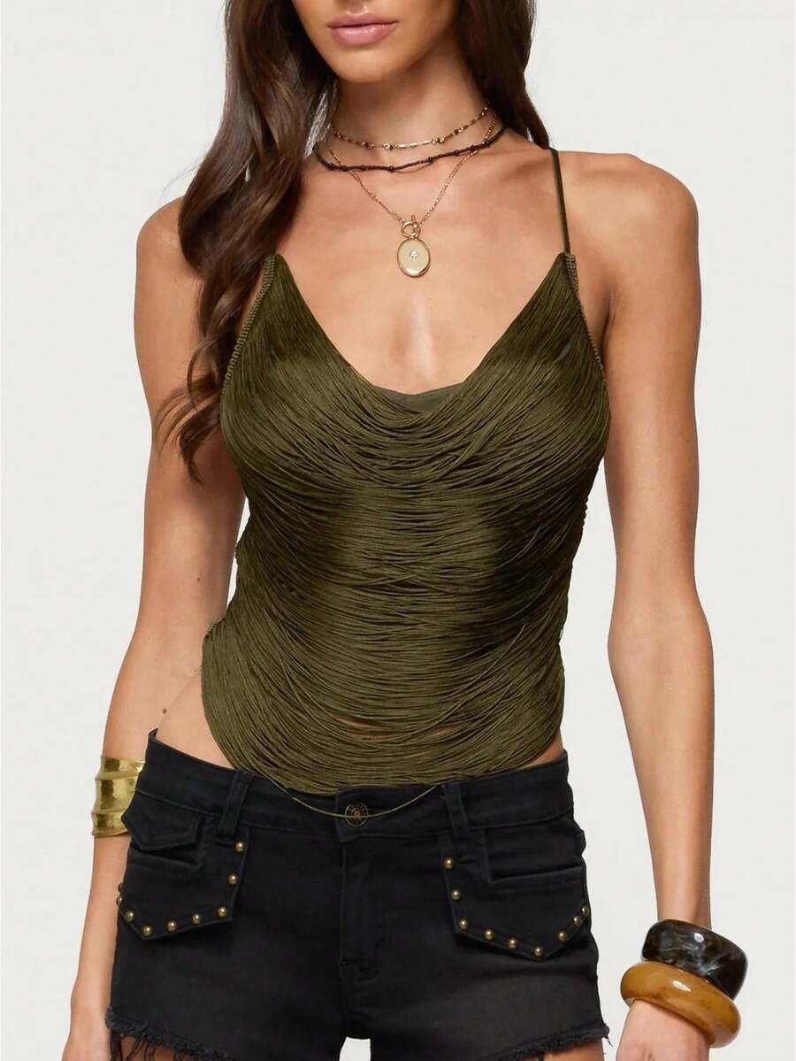 Women's Cowl Neck Fringe Halter Top Boho Sleeveless Open Back Draped Front Tassel Camisole Rave Tank Shirt Streetwear Y2k Festival Concert Outfits - xanh quân đội - Xem 1