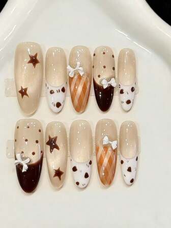 10 st långa ovala handgjorda press-on-naglar för fest och vardagsbruk, naglar i flera färger, ovala naglar, stjärna, vit rosett, glänsande och bländande, lätta att bära 10 st Y2K handgjorda press-on-naglar, lämpliga för tjejer och kvinnor, festivaler, fester och vardagsbruk