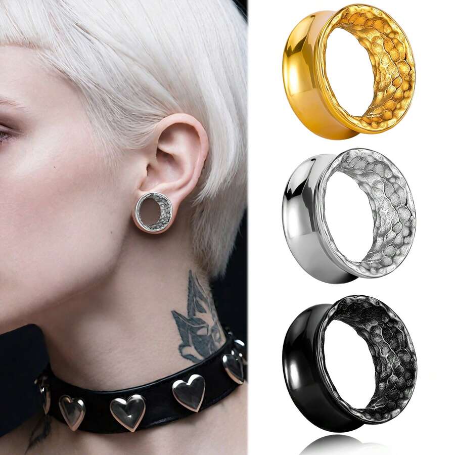 2件装男女通用复古316L不锈钢锤形耳扩耳钉嘻哈朋克风穿刺饰品