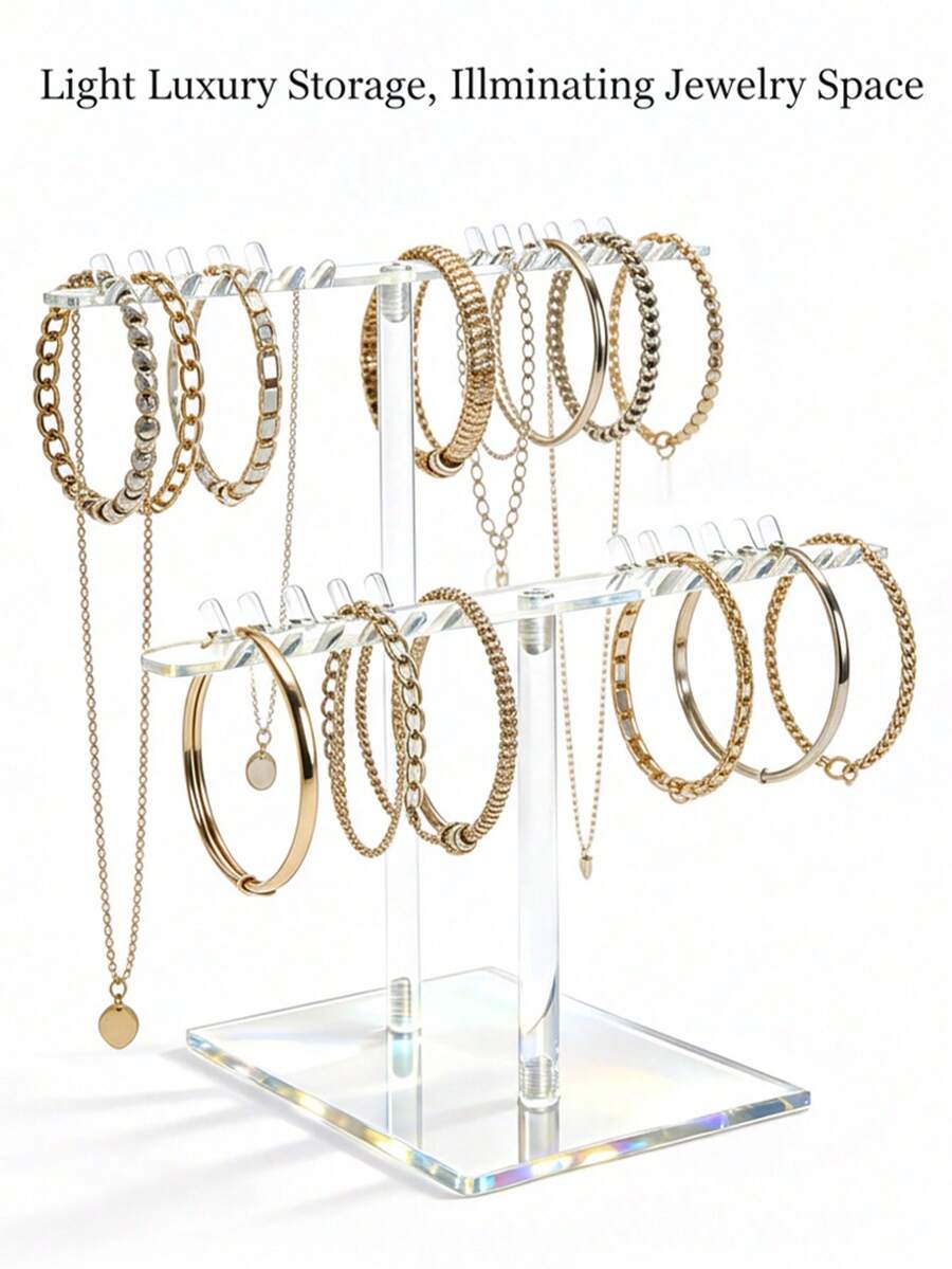 1 pieza Soporte de exhibición de joyas de acrílico, organizador de 2/3/4 niveles, accesorio de almacenamiento y decoración para el hogar y el dormitorio, adecuado para pulseras, collares, anillos, relojes, soporte de escritorio rectangular, sin necesidad de alimentación eléctrica, torre de joyas - transparente - Ver 1