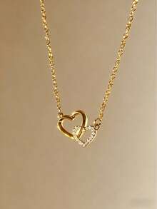 1pc Fashionable Minimalist Women's Interlocking Heart Pendant Necklace, Suitable For Daily Wear, Couples, Best Friends, Valentine's Day Gift - Yellow Gold - View 4