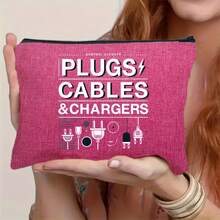 Foldable Charging Cable And Tech Accessories Storage Bag - Rose Red With -C/Lightning/-A/Type-C Icons, Durable Zipper Bag, Suitable For IPhone, Tablets, Smartphones - Lightweight Portable Storage Case, Ideal For Travel And Gifts - 1 - View 1