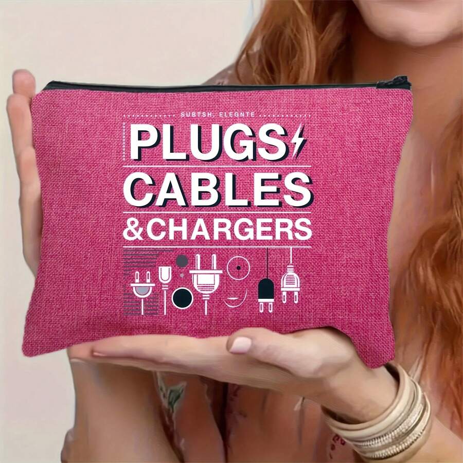 Foldable Charging Cable And Tech Accessories Storage Bag - Rose Red With -C/Lightning/-A/Type-C Icons, Durable Zipper Bag, Suitable For IPhone, Tablets, Smartphones - Lightweight Portable Storage Case, Ideal For Travel And Gifts - 1 - View 1