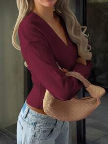 Áo khoác cardigan cổ chữ V màu trơn cài cúc kiểu Y2K Sunshine Girl gợi cảm, thích hợp cho mùa xuân, ngày Valentine và mùa tựu trường. - Màu Đỏ Sâu - Xem 6