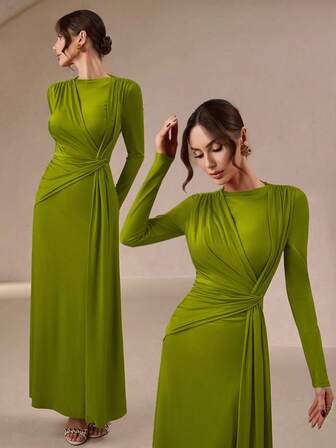 Women's Elegant & Gentle Round Neck Long Evening Dress - With Tie Waist Belt, Suitable For Party Dress, Formal Dinner, And Romantic Valentine's Day/New Year Wear