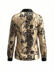 1 pieza Camisa de manga larga con botones y estampado de leopardo en todo el Body de satén para mujer, elegante y de moda para vacaciones, oficina, hogar, uso diario, festivales, todas las estaciones