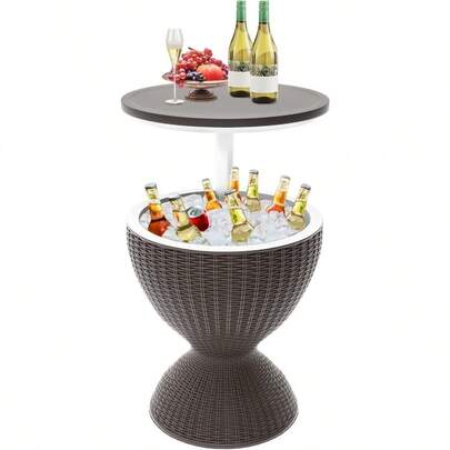 Patio Cool Bar Table, Height-Adjustable Outdoor Bar Tables 8 Gallon Beer And Wine Cooler, 3-In-1 Rattan Style Ice Cooler With Drainage Plug For Pool Party (Grey)