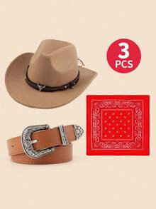 3套儿童西部牛仔服装，牛仔帽带和佩斯利花纹头巾派对礼服 - 3Sets禮帽+紅色方巾 - 查看 12