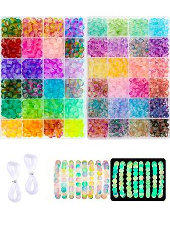 6mm (960Pcs) & 8mm (480Pcs)& 6mm (50Pcs) Glow-In-The-Dark Glass Bead Jewelry Making Kit - With String & Tools - DIY Craft Supplies For Necklace/Bracelet/Party Decor - Gift For Women & Nighttime Sports Enthusiasts