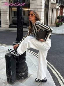 HoloChill Striped Pattern Button Front Cardigan,Long Sleeve Tops,Knitted Sweater - Black and White - View 4