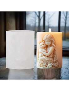 European & American Style Girl Holding Cat Aroma Candle Silicone Mold, DIY Creative Cozy Cat Cute Pet Animal Plaster Mold, Girl Heart Pet Resin Casting Mold - White - View 2