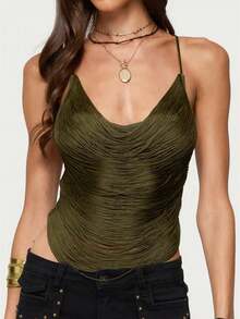 Women's Fringe Cowl Neck Halter Top Backless Rave Vest Going Out Tops - xanh quân đội - Xem 1