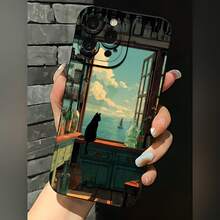 2026 nueva funda de teléfono esmerilada, funda de teléfono con silueta de gato, ventana con vista al mar, impresión artística para iPhone 17 14 13 12 11 Pro Max Se 2020  Galaxy S23 S22 S21 S20 Plus, funda ultra protectora para parejas, regalo de San Valentín o cumpleaños para él o ella - Azul Klein - Ver 1