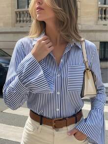 Women's Elegant Spring/Summer New Striped Shirt, Flared Sleeves, Chest Pocket, Contrast Color Striped Long Sleeve Shirt, Business Meeting, Casual Gathering, Fashion Striped Contrast Color Pocket Front Button Striped Flared Sleeve Shirt Single Item, Office Daily, Airport, Dating, Back To School, Party, Spring/Summer - Blue - View 2