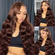 ZHUICHAO [Human Hair Blended Wigs] 13X4 Large Area HD Transparent Lace Front Long Body Wave Wig With Bady Hair & Pre-Bleached Knots Elegant Water Wave Wig For Women 13X4 Lace Front High-Temperature Fiber Long Chocolate Brown Curly Wig - S4 - View 4
