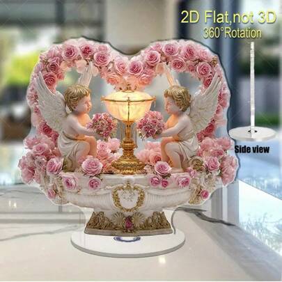 情人节360°旋转亚克力摆件 心形玫瑰树 情侣桌面装饰 浪漫礼物