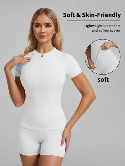 6pecil Women's Comfortable Sports T-Shirt, Suitable For Yoga, Gym Workout, Women's Summer Back To School Sportswear, Women's Sports Set, Slim & Comfortable, Suitable For Various Body Types, Spring/Summer Style