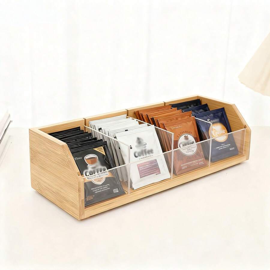 Tea Bag Storage Organizer Box, 4-Compartment Design, Suitable For Drawers, Cabinets, Countertops, And Wooden Tea Trays. - Apricot - View 1