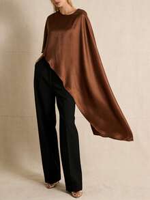 Awevudst Women's Loose Satin Poncho Tunic Tops High Low Silk Shawl Round Neck Ruffle Hem Capes See Through Shrug Bolero Top Cover Up Beachwear - 咖啡色 - 查看 5